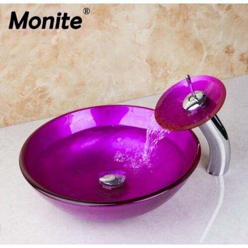 Monite Rose Red Hand-Paint Bathroom Washbasin Glass Sink Waterfall Chrome Soild Brass Tap Vessel Vanity Combine Set Mixer Faucet