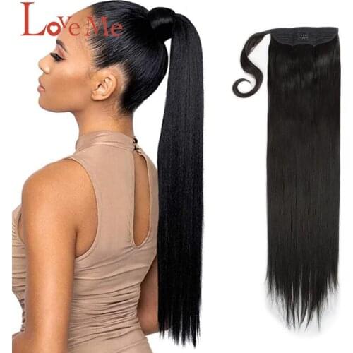 LOVE ME Long Straight Wrap Around Clip In Ponytail Hair Extension Heat Resistant Synthetic Pony Tail 30 Inch Black Fake Hair