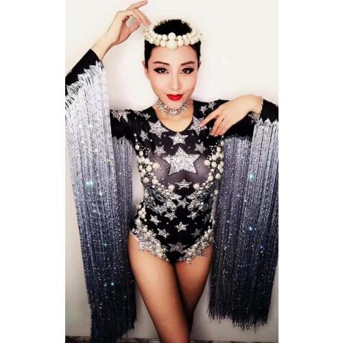New Women Sexy Bodysuit Black Singer Fringe Crystals Tassel Jazz Dj Costume Rhinestone Dancer Nightclub Stage Party Clothing