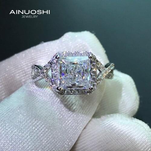 AINUOSHI 925 Sterling Silver Princess Cut 7x7mm SONA Diamond Engagement Rings For Women Promise Halo Split Shank Ring Gift