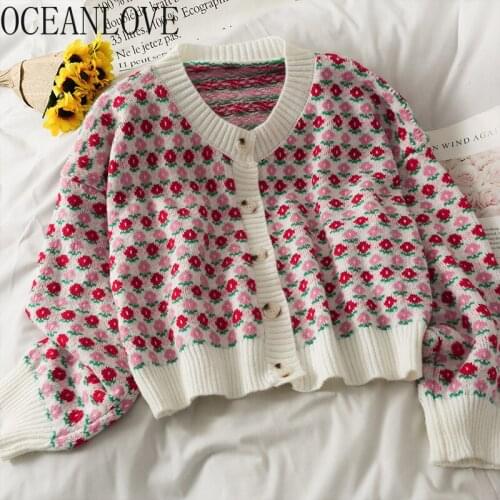 OCEANLOVE Print Floral Cardigans Sweet Single Breasted Vintage Autumn Winter 2021 Chaquetas Mujer Loose Short Cardigans