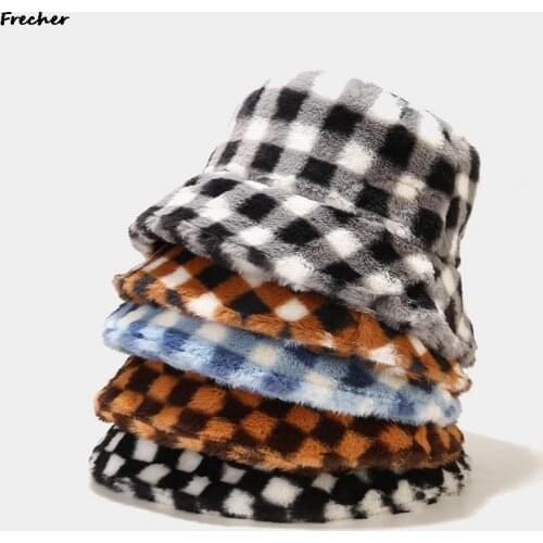 Rabbit Fur Faux Bucket Hat Teddy Thick Warm Winter Tartan Fisherman Hat For Women Lady Bob Panama Outdoor Plush Fisherman Hat