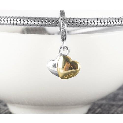 Authentic S925 Silver Pendant Bead Gold Colored Hearts Dangle Charm for Women Bracelet Bangle DIY Jewelry