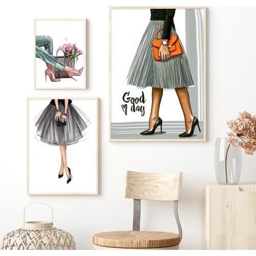 Self-adhesive Wall Stickers Fashion Super Model Girl Handbag Flower Wall Art Nordic Posters Wall Pictures For Living Room Decor