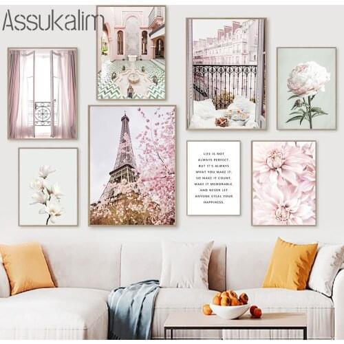 Scandinavian Posters Peony Flower Prints Cherry Blossoms Painting City Building Tower Poster Quotes Pictures Living Room Decor