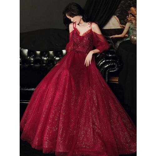 Vestidos de festa Bride Burgundy Spaghetti Strap Tulle Formal Party Dresses Long Sleeve A-Line Sequins Evening Prom Gown