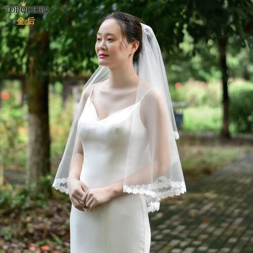 TOPQUEEN V54 Bridal Veils with Thin Scallop Lace Trim Wedding Veil without Comb Short Bridal Veil Wedding Bride Accessories