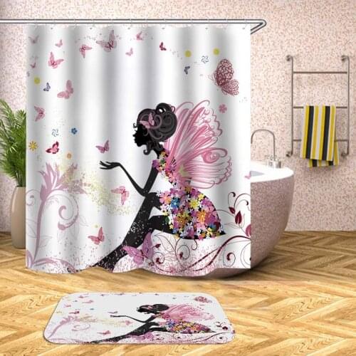 35 Flower Fairy Shower Curtain Cartoon Girl Waterproof Bath Curtains for Bathroom Bathtub Bathing Cover Large Wide 12pcs Hooks