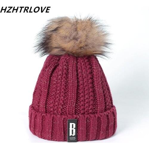 High Quality Letter B Beanies Cotton Add Wool Fur Ball Cap Pom Poms Winter Hat For Women Girl 's Hat Knitted Warm Beanies Cap