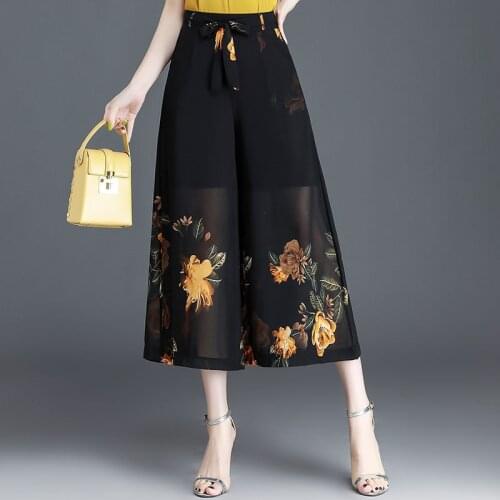 Women Floral Print Chiffon Pants Spring Summer Elastic Waisted Wide Leg Ankle-Length Pants Women Casual Skirts Trousers 4XL 2357