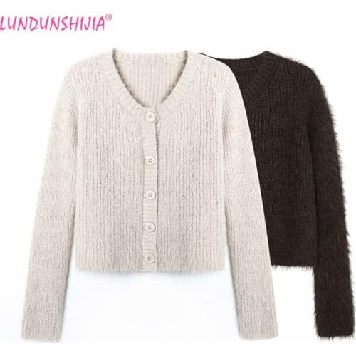 LUNDUNSHIJIA 2021 Autumn Winter Women Fashion Faux Fur Knitting Cardigan Female Chic Long Sleeve Slim Sweater Short Mohair Tops