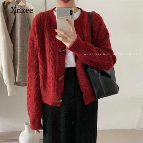 Women Knit Cardigan Spring Horn Button New Korean Version of Loose Twist Retro Sweater Coat Autumn Long Sleeve Blouse Clothing