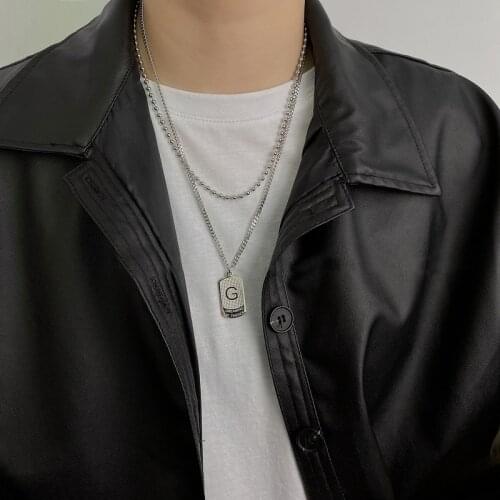 U-Magical High Street Stainless Steel Double Layer Letter Square Pendant Necklace for Women Round Beads Chain Necklace Jewelry