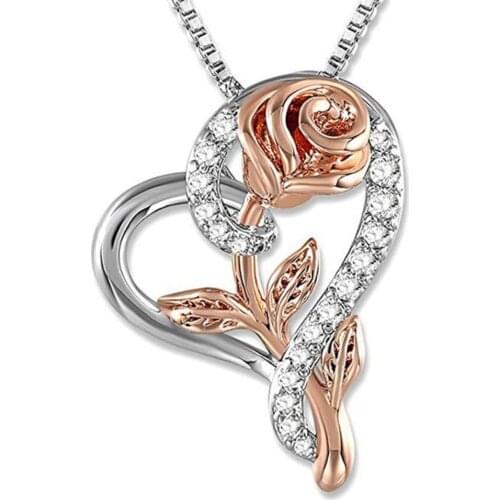 Women Charm Zirconia Heart Pendant Necklace Romantic Trendy Leaf Rose Flower Rose Gold Necklace Wedding Elegant Jewelry collier