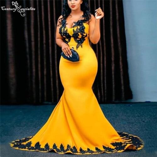 Gold African Mermaid Prom Dresses Long 2021 Lace Appliques Crystal Zipper Formal Evening Dress Reception Gowns Vestido De Fiesta