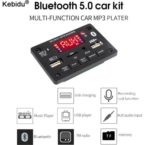 Hands-free 5V 12V WMA MP3 Decoder Board Wireless Bluetooth5.0 Recording Audio Module AUX USB TF Radio with 5V 2A charging port