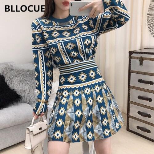 BLLOCUE 2019 Winter Office Ladies Elegant Geometric Jacquard Knitted 2 Piece Set Long Sleeve Pullover Sweater + A-Line Skirt Sui
