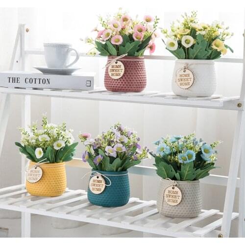 Artificial Potted Plant Silk Fabric And Plastic Home Table Centerpiece Flower Daisy Pot For Art Halls Offices Shops Room Decor