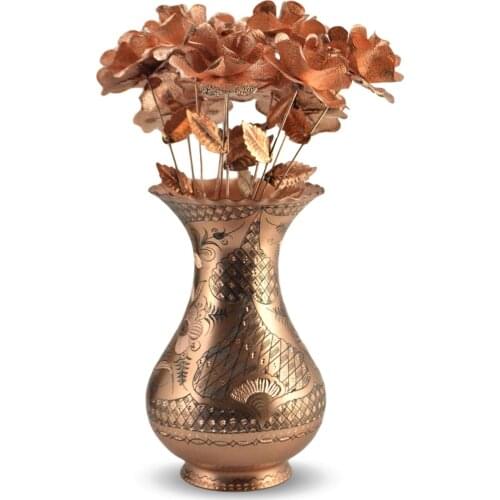 Rose Flower Tumbled Engraved Copper Vase and Copper Rose Bundle