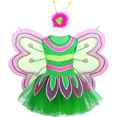 Kids Shiny Sequins Mesh Dress with Fairy Wings Set Girls Halloween Anime Cosplay Party Stage Performance Bee Costume Dance Wear
