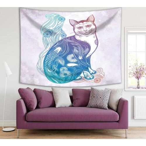 Tapestry Cat Fish and Flowers Underwater World Symbol Luck of Japanese Traditional Art Blue Purple Beige
