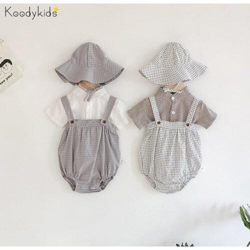 Koodykids New Summer Baby Boys Girls Casual Bodysuits Toddlers Boys Girls Outfits Plaid Rompers With Hat Shirts Clothes