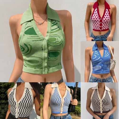 2021 Knitted Y2K Crop Top Women Halter Neck Backless Summer Paisley Green Tops V Neck Button Sleeveless Vintage Sexy Tank Tops