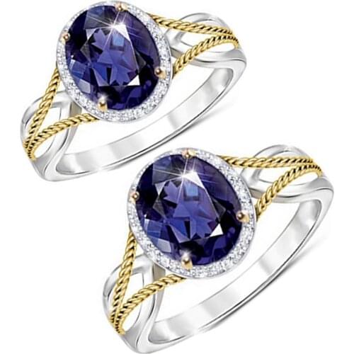 Fashion Hollow Golden Chain Purple Oval Crystal Inlaid Zirconium Silver Color Female Ring for Women Party Jewelry Accessories