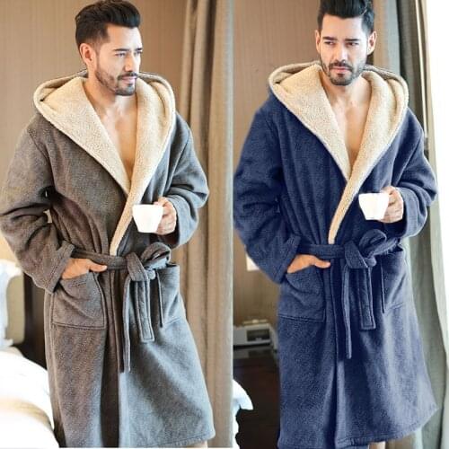 2020Winter Men Bathrobes Hooded Flannel Long Bath Robe Male Comfortable Gray Long Home Warm Dressing night Gown pajamas homewear