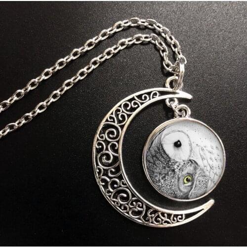 New Hot glass dome jewelry Yin Yang Owl Moon Necklace Bird Jewelry Zen Nature Art Pendant Gift for her glass dome cabochon 20mm