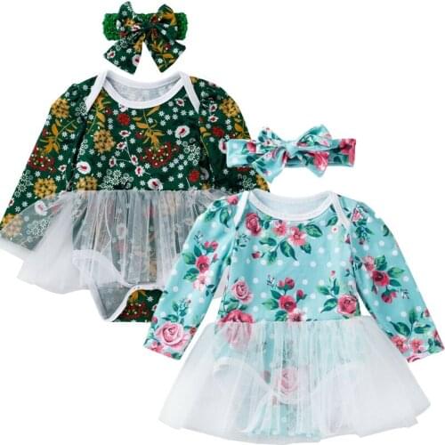 Newborn Infant Baby Girls Floral Long Sleeve Gauze Lace Patchwork Tutu Skirt Romper with Bowknot Headband Clothes Set