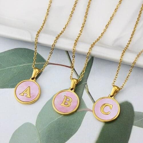 ALLNEWME Sweet 26 Letters Pink Color Shell Pendant Necklace for Women Girls Round Coin Gold Color Stainless Steel Necklaces Gift
