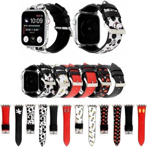 Disney Mickey Genuine Leather Apple Watch Strap 44mm 40mm 42mm 38 mm Printed Cartoon Strap Bracelet for IWatch Series SE/6/5/4/3
