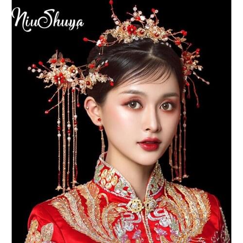 NiuShuya Luxury Chinese Gold Flower Beaded Bridal Headdress Ancient Butterfly Hairpins Wedding Coronet Hair Jewelry Accessories