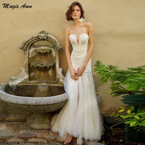 Magic Awn Champagne Mermaid Boho Wedding Dresses Sweetheart Lace Appliques Beaded Illuson Beach Bridal Gowns Princess Mariage