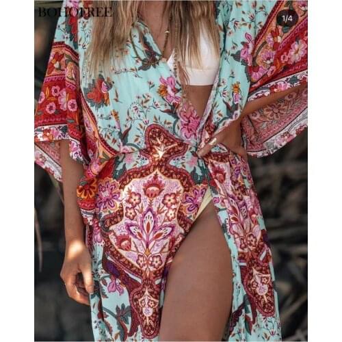 Vintage Boho Aus Floral Print Rayon Cotton Long Duster Cover Ups Casual Loose Fit Holiday Bohemian Kimono Robes