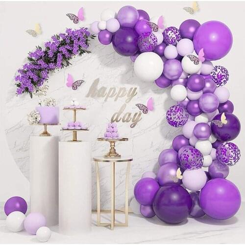 124pcs Metal Purple Balloons Arch Purple Gold Burtterfly White Macaron Purple Balloons Garland for Wedding Party Backdrop Decor