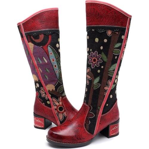 Vintage Patchwork Western Cowboy Boots Women Shoes Bohemian Genuine Leather Shoes Woman Mid-calf Boots Autumn Botas Mujer