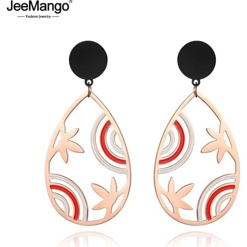 JeeMango Fashion Jewelry Rose Gold Color Stainless Steel Red And Black Stripes Pattern Stud Earrings For Women Kolczyki JE18467