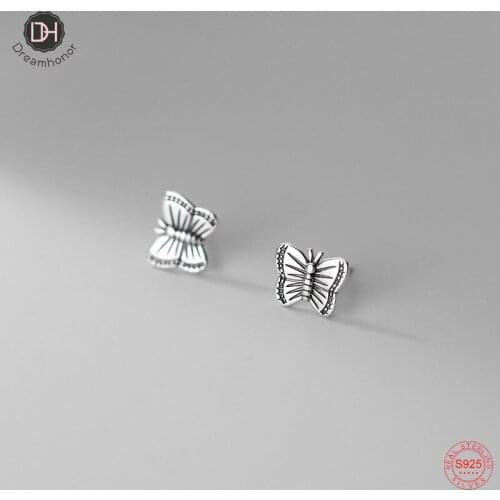 Dreamhonor Vintage 925 Sterling Silver Retro Butterfly Stud Earrings For Women Jewelry