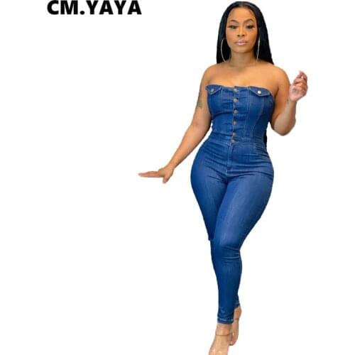 CM.YAYA Women Denim Jumpsuit Solid Sleeveless Strapless Single Breasted Pockets Skinny Pencil Jumpsuits Fashion Outfits Autumn