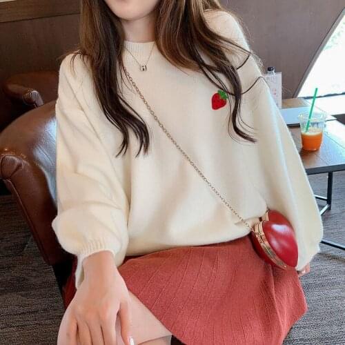 Women sweet Cute Fruit Embroidery Sweater Candy Color Pullover Female o Neck Loose Casual Knitted Autumn Winter Woman Sweaters