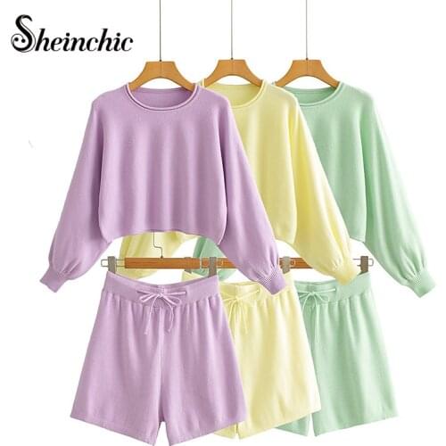 Sheinchic 2021 Autumn New Color Knitted Top + Shorts Womens 2pcs Lounge Wear Sets Long Sleeve Pullover Shorts 2pcs Clothes Set