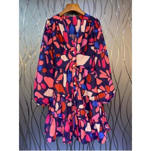 Ball Gown Dress 2021 Autumn Designer Fashion Clothing Women V-Neck Geometric Patterns Prints Button Front Long Sleeve Dress