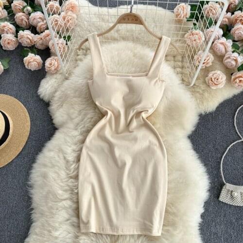 Summer 2021 New Simple Pure Color Vestidos Womens Collar Sling Europe and The United States Sexy Bag Hip Mini Dress DK792