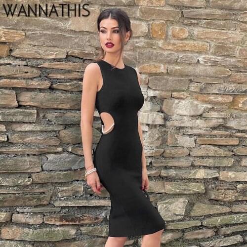 WannaThis Pearl Cut Out Sleeveless Women Tank Midi-Calf Dress O-Neck Waist Black Clubwear E-Gril Sexy Dresses Solid Fashion 2021