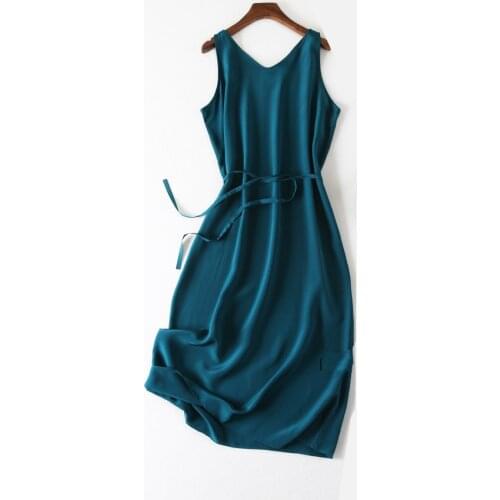 Women Summer Silk Dress V neck Navy Blue Vintage Natural silk dresses Elegant Green Dress Casual holiday real silk long dress