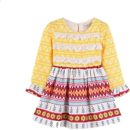 2020 girls autumn new long-sleeved lace stitching printed dress