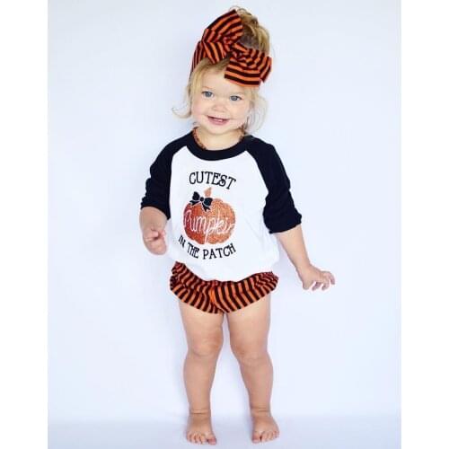 Halloween 3Pcs Girls Sweet Pumpkin Letter Printing Long Sleeve Round Collar Top + Mixed Color Striped Shorts + Bow Headwear Set