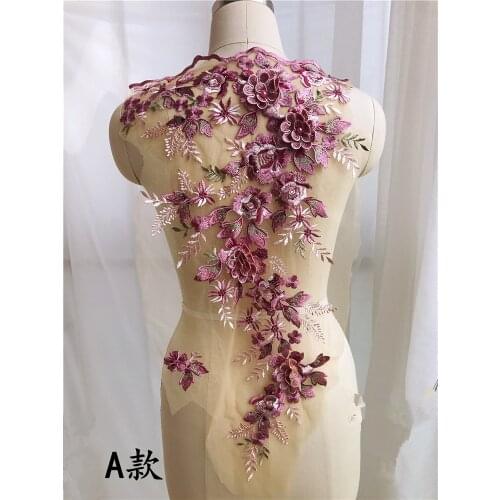 3D Purple Flower Embroidery Bead Applique For Evening Dress Sew On Clothing Patch Lace Fabrics Accessories Decoration Material